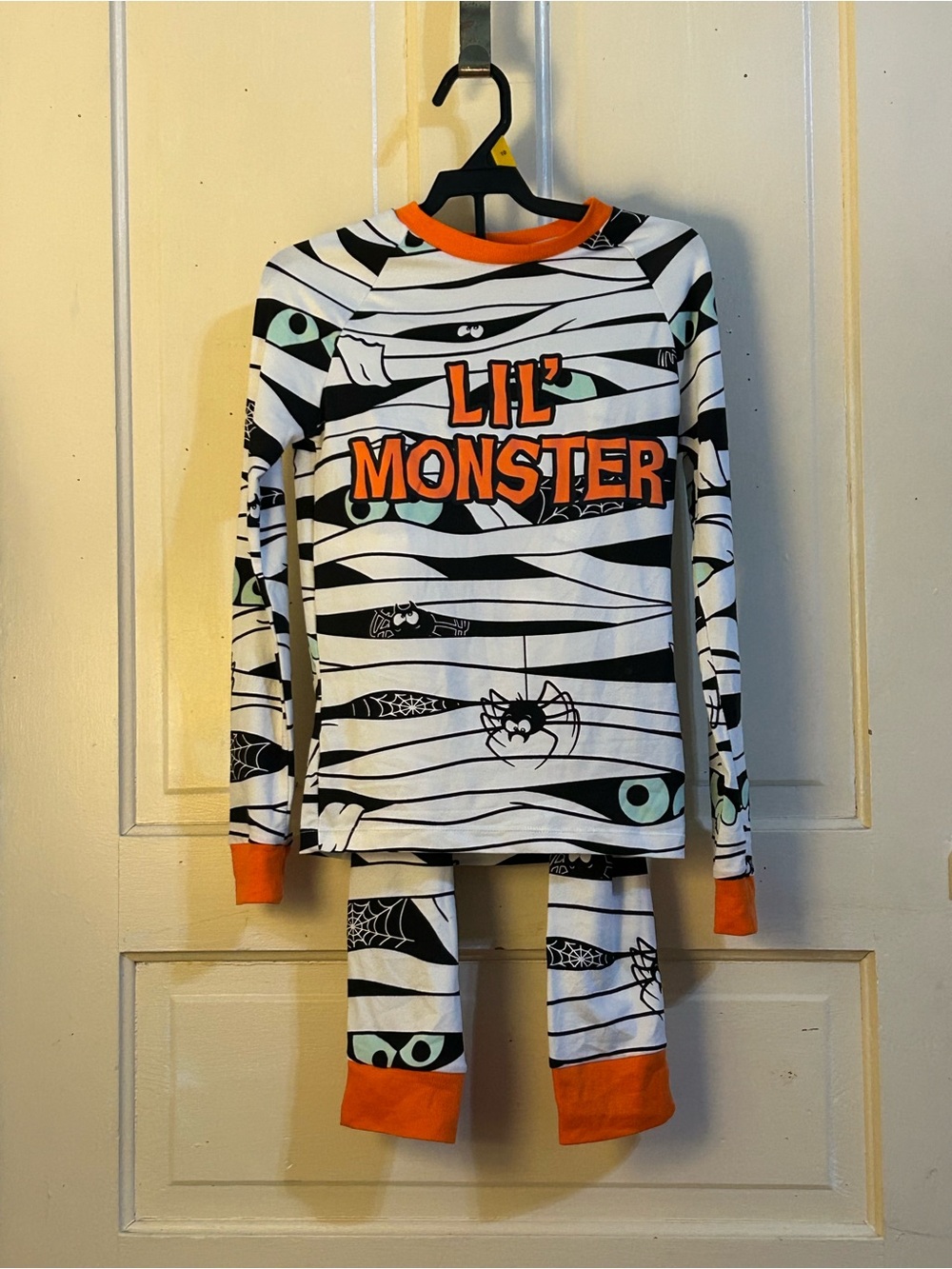 Lil' Monster Girls' Long Sleeve Halloween Tee in White & Orange